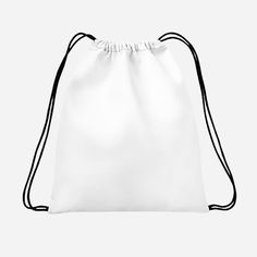 a white drawsack bag with black string on the front and side pockets, sitting in front of a white background