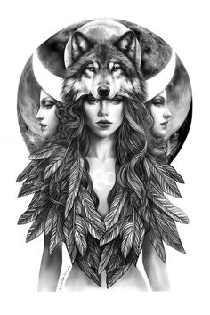 a woman with long hair and two wolfs on her head, in front of the moon