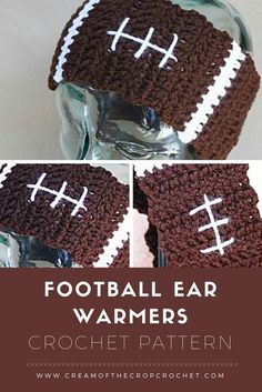 a crocheted football ear warmer with the words football ear warmers written on it