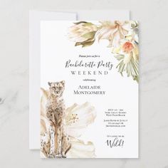 a wedding card with an image of a cat and flowers on the front, in watercolor