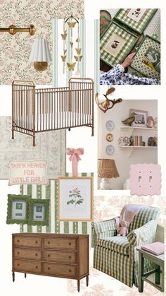 a baby's room with green and pink decor, including a crib, chair, dresser, lamp, wall hangings, and pictures