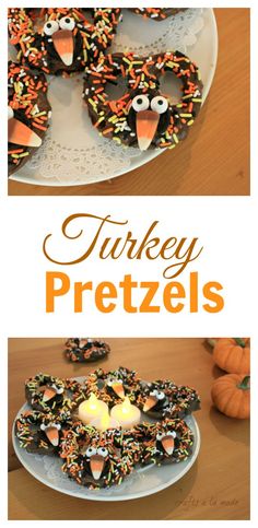 turkey pretzels are decorated with sprinkles and candy