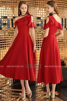 Semi Formal Red Tea Length Party Dress Aline Solid Color A-line Party Evening Dress, Red A-line Dress For Banquet, Solid A-line Evening Dress For Party, Red A-line Evening Dress For Party, Red Midi Dress For Wedding Party, Red Midi Dress For Wedding Party Season, Red A-line Midi Dress For Party, A-line Midi Dress With Ruffles For Banquet, Red Midi Dress For Banquet