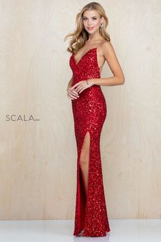 This SCALA -60218 dress features a fully sequined design and a plunging V-neck, creating a stunning and eye-catching look for any formal event. The long length adds elegance and the perfect touch of sophistication. Make a statement and turn heads with this beautifully designed dress. Ornate Dress, Puff Sleeve Gown, Fitted Gowns, Long Sleeve Evening Gowns, Trumpet Dress, Bodice Top, Terani Couture, Cocktail Gowns, Sequin Gown