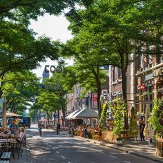 people are sitting at tables in the middle of an empty street with trees lining both sides