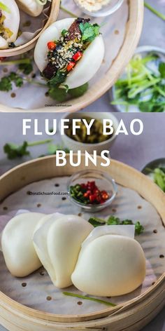 three different types of dumplings in baskets on a table with the words fluffybao buns above them