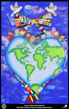 a heart shaped painting with children around the world holding hands in each other's arms