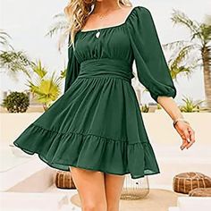 New With Tags Women’s Short Tie Back Dress - Size 2xl - Green - 3/4 Lantern Sleeves - Ruffled Hemline - Chiffon Overlay With Lining - Square Neckline - Smocked Elastic Waistline - Open Back With Adjustable Tie - Ruched Bustline - Length From Shoulder To Hemline 39” - Chest Armpit To Armpit Laid Flat 22.5 Inches Fast Shipping From A Smoke Free, Pet Free Shop Green Fitted Chiffon Casual Dress, Casual Fitted Green Chiffon Dress, Spring Chiffon Dress With 3/4 Sleeves, Green Long Sleeve Chiffon Dress Casual, Green Long Sleeve Casual Chiffon Dress, Casual Green Long Sleeve Chiffon Dress, Casual Knee-length Chiffon Dress For Fall, Flowy Chiffon Mini Dress With Square Neck, Summer Chiffon Dress With Square Neck