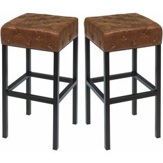 two brown leather stools with metal legs