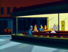 the simpsons characters are sitting at a table