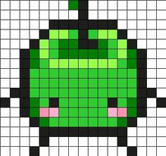 a green and black pixelle with pink cheeks on it's face, in the middle of a cross stitch pattern