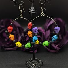 Rock out this summer with these sparkly Crystal Rainbow Skulls Hoops. Enhance your goddess look and pair with our Necklaces, Chokers, Bracelets, and Rings. Rainbow Vibes! Details: Fashion Jewelry ~ Handmade Memory Wire Silver Hoops Width: 55mm Skull Beads - 9x10mm Crystal Bicone Beads - 4mm Total Length: 80mm Multicolor Punk Jewelry For Parties, Punk Multicolor Party Jewelry, Multicolor Rave Jewelry For Festival, Multicolor Rave Festival Jewelry, Multicolor Bohemian Skull Jewelry, Goddess Look, Pride Jewellery, Crystal Rainbow, Skull Beads