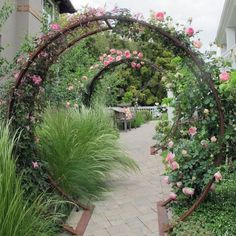 a garden with lots of pink flowers and greenery