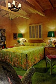 a bedroom with green carpet and wooden ceiling