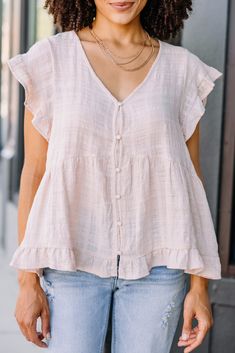 It's your choice if you get your hands on this top. However, let me tell you how fab this top is! That linen fabric is wonderfully light and that ruffled detailing is truly precious! This top is going to look so good with white jeans or shorts! This top features a v-neck, short sleeves, ruffled detailing, and a button down front. Material has no amount of stretch.Leanora is wearing the small. Actual product colors may vary from images shown due to different viewing devices and lighting. Mint Julep Boutique, Pink Linen, Linen Top, Cotton Top, Pink Cotton, Cotton Tops, Linen Fabric, Hands On, Blush Pink