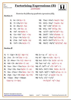 an exercise sheet for factoring expressions