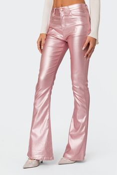 PRODUCT INFO Flared jeans Faux leather Polyester, Rayon, Spandex Model wears size S Model height is 5'8 Item care: Wash with similar color Hot Pink Tops, Metallic Pants, Short Loungewear, Fashion Themes, Quirky Fashion, Pink Metallic, Pink Jeans, Metallic Pink, Pink Outfits