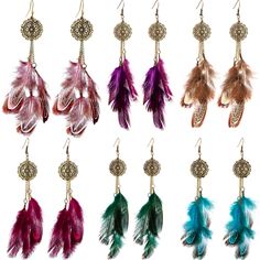 many different colored feathers hanging from hooks