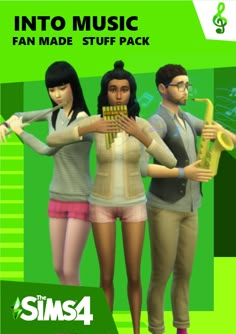 an advertisement for the sims 4 music video game, featuring three young people with musical instruments