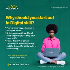 a woman sitting on the floor with a laptop in front of her, text reads why should you start out in digital skill?