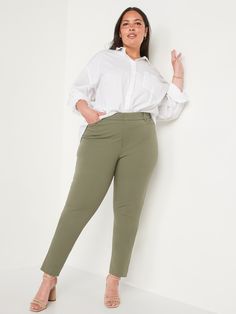 contoured waistband hook-and-bar closure belt loops zip fly front pockets faux-welt back pockets sits at belly button fitted hip and thigh hits below ankle 30" regular inseam 28" petite inseam 34" tall inseam models are approx.  5'9" and wear sizes s (4), l (12), and xl (18)machine wash according to the care instruction label cotton 55% spandex 8% rayon 37% Stretch Work Pants With Pockets For Office, Non-stretch Office Bottoms With Belt Loops, Fitted Ankle-length Work Pants With Hip Pockets, Fitted Work Pants With Hip Pockets, Stretch Mid-rise Bottoms With Welt Pockets, Stretch Mid-rise Dress Pants With Belt Loops, Office Bottoms With Stretch And Belt Loops, Stretch Bottoms With Belt Loops For Office, Office Stretch Bottoms With Belt Loops