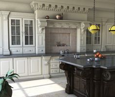 a large kitchen with white cabinets and marble counter tops, yellow lights hanging from the ceiling