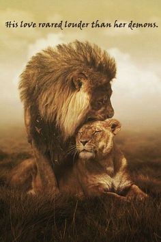 two lions sitting next to each other on top of a grass covered field with a sky background