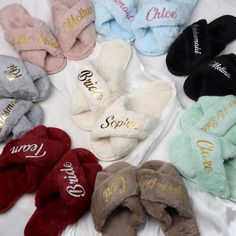 Add a cozy, personal touch to your bridal party gifts with these Custom Fluffy Slippers! Soft, stylish, and completely customizable, these slippers make the perfect bridesmaid proposal gift, bachelorette party favor, or unique way to spoil the bride-to-be. Available in 12 gorgeous colors, these slippers are as fashionable as they are comfortable. Product Features 13 Color Options: Black, White, Pink, Cinnamon, Gray, Light Green, Light Blue, Coffee, Wine Red, and 4 Rainbow Mixed colors (1-4). Cus Wedding Slippers For Guests, Bridesmaid Slippers, Match Font, Personalized Slippers, Gift Bachelorette Party, Wedding Slippers, Bachelorette Party Favor, Fluffy Slippers, Blue Coffee