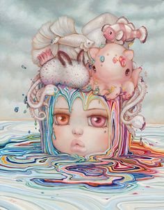 an image of a woman floating in the water with two animals on top of her head