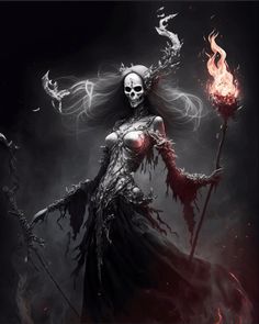 a skeleton woman holding a flame stick in her hand