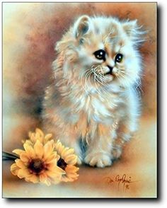 a painting of a small kitten next to a yellow flower