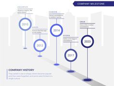 the company history is shown in blue and white, as well as an info sheet