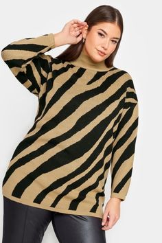 Shop YOURS Curve Beige Brown Zebra Print Turtle Neck Jumper at Yours Clothing. Discover women’s plus size clothing in sizes 10-36 with fast delivery. Brown Zebra Print, Animal Print Dress Casual, Knitwear Collection, Elegant Wedding Guest Dress, Winter 23, Curve Fashion, Sleeves Style, Turtle Neck Jumper, Plus Swimwear