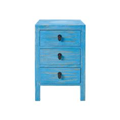 a blue wooden table with two drawers on one side and black knobs on the other