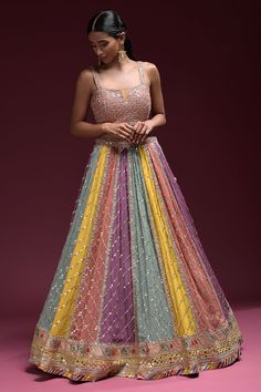 Brides Haldi Outfit, Multicolour Rangoli, Rainbow Lehenga, Mehandi Dresses For Brides, Rani Pink Bridal Lehenga, Birthday Saree, Mehndi Outfit For Bride, Partywear Dresses Indian, Multicolour Lehenga