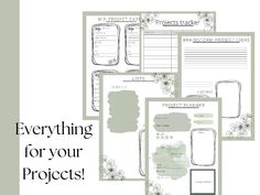 the printable project planner is shown with flowers on it and text that reads, everything for