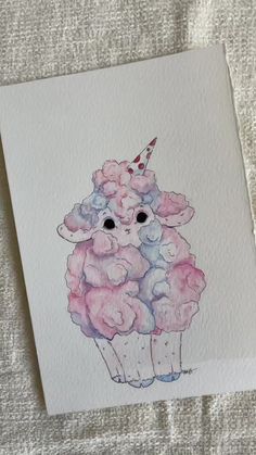 a watercolor drawing of a pink sheep with a birthday hat on