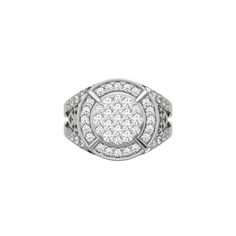 This dual-tone diamond signet ring is made from the finest solid gold and round brilliant cut diamonds. The ring has a cluster of round brilliant-cut diamonds in the center with a metal rim surrounding it, followed by a halo of round diamond. The shank has a cut out pattern and two rows of round diamonds.Details: - Made to Order- Diamond Weight: 1.35 CT- No of Diamonds: 55- Diamond Type: Lab Grown Diamond (CVD, HPHT)- Diamond Cut: Round - Diamond Clarity: VS - Diamond Color: Colorless (DEF)- Set White Diamond Round Signet Ring, White Diamond Signet Ring With Center Stone, Silver Diamond Signet Ring With Center Stone, White Gold Round Signet Ring With Single Cut Diamonds, White Gold Diamond Signet Ring With Round Cut, Diamond White Signet Ring With Center Stone, Anniversary Diamond White Signet Ring With Pave Setting, White Gold Diamond Signet Ring With Brilliant Cut, White Gold Diamond Signet Ring With Single Cut Diamonds