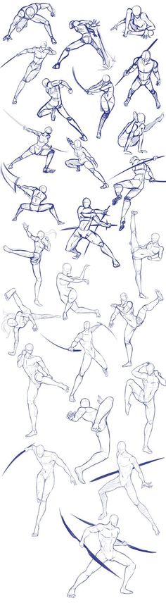 a bunch of sketches of people doing different things in the air with their arms and legs