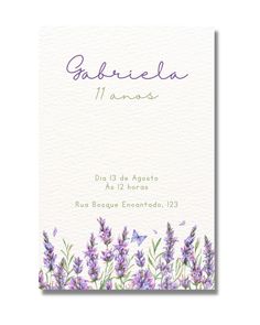 a card with purple flowers and butterflies on it, in the middle is an inscription that reads