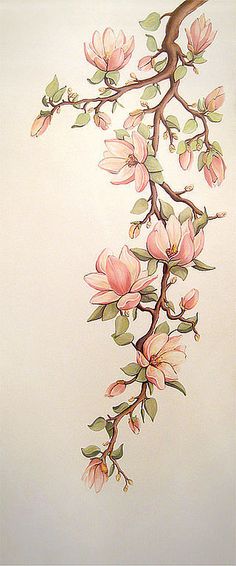 a painting of pink flowers on a white background