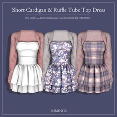 three dresses are shown in different colors and sizes, with the text short cardigan & ru