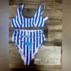 New Cupshe Blue And White Striped High Waisted Bikini Size Large Blue Tankini For The Beach, Blue Summer Tankini For Poolside, Blue Beachy Tankini For The Beach, Blue Tankini For Sunbathing In Beach Season, Blue Tankini For Beach Season With Tie-side Bottom, Blue Tie-side Tankini For Beach Season, Blue Tankini With Tie-side Bottom For Beach Season, Casual Blue High-waisted Swimwear, Blue High-waist Party Swimwear