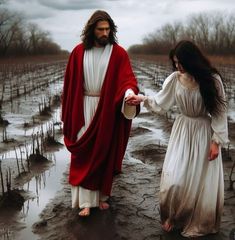 jesus walking in the mud with a woman