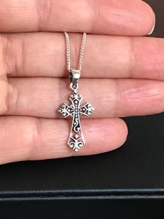 "Sterling Silver Victorian Cross Pendant Necklace. Metal: All components are made from solid .925 Sterling Silver Measurement: pendant height is 28mm (1.1\") including bail and 12.7mm (0.5\") wide Choose Chain Length You can find other cross jewelry in my shop here https://www.etsy.com/shop/LinksAndStones?ref=seller-platform-mcnav&section_id=24376960 Please feel free to Convo me with any questions before purchasing. Please view policy before purchasing Thank You For Visiting My Shop" Cross Pendant Jewelry As A Gift, Cross-shaped Jewelry With Large Pendant As Gift, Cross-shaped Large Pendant Jewelry For Gift, Cross Shaped Large Pendant Jewelry For Gift, Symbolic Cross Pendant Jewelry Gift, Symbolic Cross Pendant Jewelry For Gift, Nickel Free Cross Pendant Jewelry Gift, Nickel-free Cross Pendant Jewelry Gift, Classic Handmade Cross Jewelry