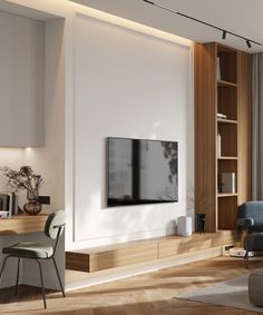 a living room filled with furniture and a flat screen tv mounted to the side of a wall