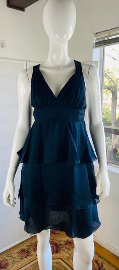 "Vintage VALENTINO, navy blue silk halter dress, L. Good condition.  Size: L  Bust: 30\"  Waist: 32\"  Hip: 33\"  Length: 37\"" Summer Silk Halter Dress For Formal Occasions, Silk Halter Dress For Summer Night Out, Silk Halter Dress For Night Out In Summer, Summer Silk Halter Cocktail Dress, Sleeveless Silk Halter Dress For Date Night, Summer Satin Halter Evening Dress, Silk Halter Dress For Summer Date Night, Silk Halter Dress For Date Night, Blue Formal Summer Halter Dress