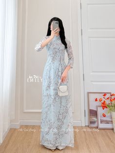 🌻This listing is for 1 long dress Pre-made ao dai (Vietnamese long dress) for women/girls. Material: Double layers voan/silk - Stretchy level : 0/10 🌻 The measurement of this ao dai (long dress) is in Vietnamese size (American size tends to be bigger for the same size). Please LOOK AT THE SIZE CHART CAREFULLY BEFORE ORDERING. There might have some chalk writings on the fabric due to making process. These marks can be washed away easily. 🌻🌻No returns or exchanges Buyer can contact seller about any issues with an order. 🌸 Follow us Facebook/aodaiemily www.aodaiemily.com 💜 Thank you very much!💜 Elegant Ao Dai With Stand Collar For Spring, Elegant Ao Dai With Floral Embroidery For Spring, Elegant Spring Ao Dai With Stand Collar, Spring Wedding Cheongsam With Stand Collar, Spring Wedding Dress With Stand Collar, Elegant Blue Cheongsam For Spring, Light Blue Long Dresses For Spring, Long Light Blue Spring Dress, Blue Fitted Cheongsam For Spring