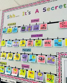 a bulletin board that has different types of words on it and is decorated with colorful sticky notes