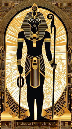 an egyptian pharaoh standing in front of a golden background with the sun behind him and holding two